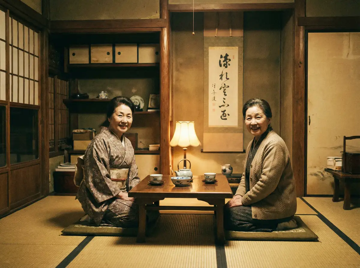 两位优雅的 wifelove 在日式茶室中品茶交谈